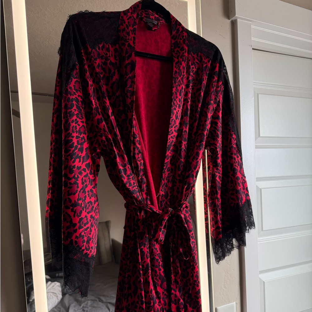 Victoria's Secret Red and Black Animal Print Short Satin Robe